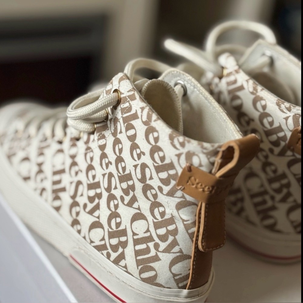 See By Chloe Women's Logo High-Top Sneakers - Cream and Brown